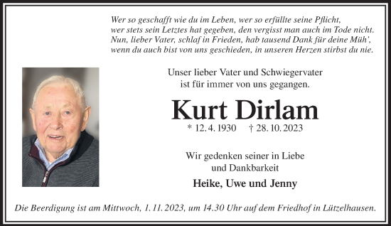 Traueranzeige von Kurt Dirlam  von GELNHÄUSER NEUE ZEITUNG