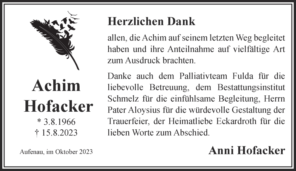 Traueranzeige für Achim Hofacker vom 21.10.2023 aus Mittelhessen-Bote