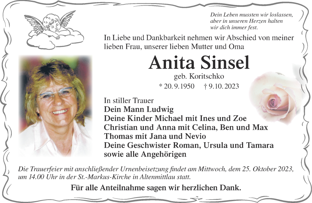  Traueranzeige für Anita Sinsel vom 21.10.2023 aus Gelnhäuser Neue Zeitung