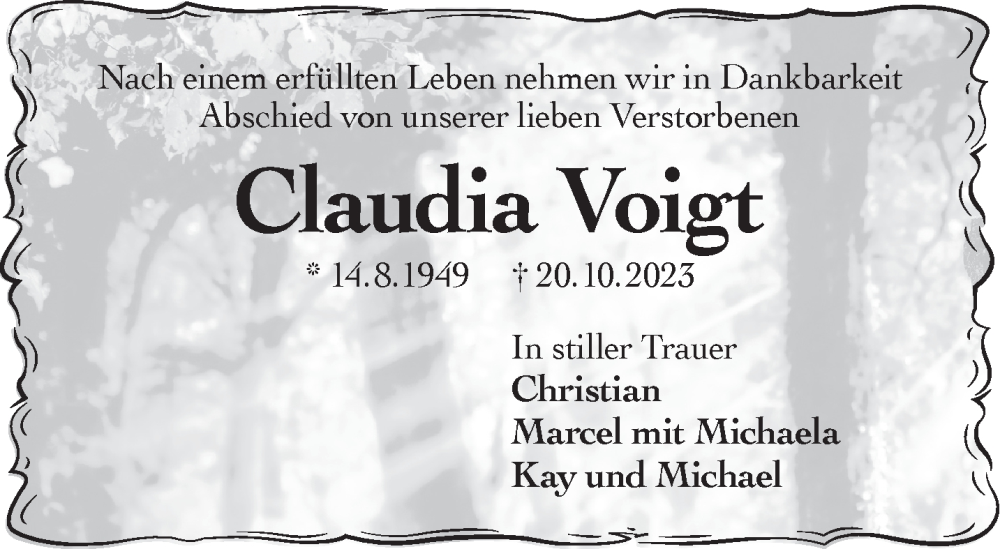  Traueranzeige für Claudia Voigt vom 28.10.2023 aus Gelnhäuser Neue Zeitung