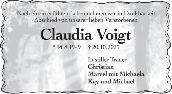 Traueranzeige von Claudia Voigt von Gelnhäuser Neue Zeitung