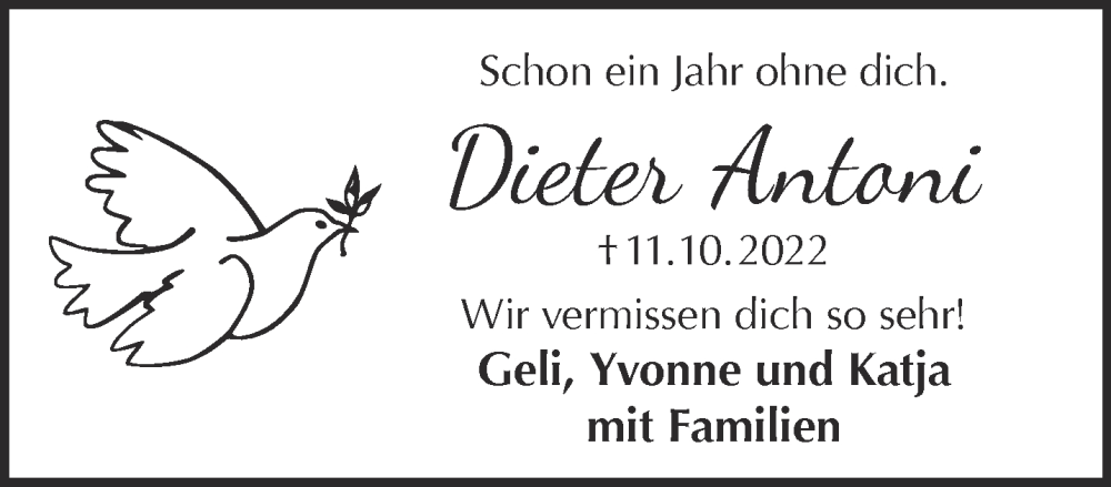  Traueranzeige für Dieter Antoni vom 14.10.2023 aus Mittelhessen-Bote