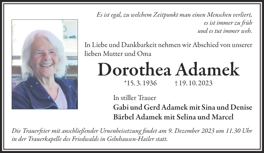  Traueranzeige für Dorothea Adamek vom 28.10.2023 aus Gelnhäuser Neue Zeitung