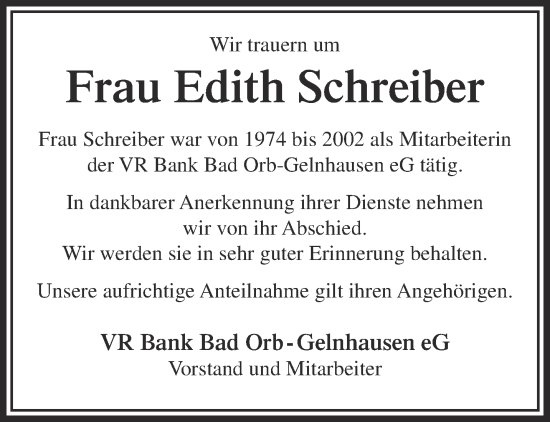 Traueranzeige von Edith Schreiber von Gelnhäuser Neue Zeitung