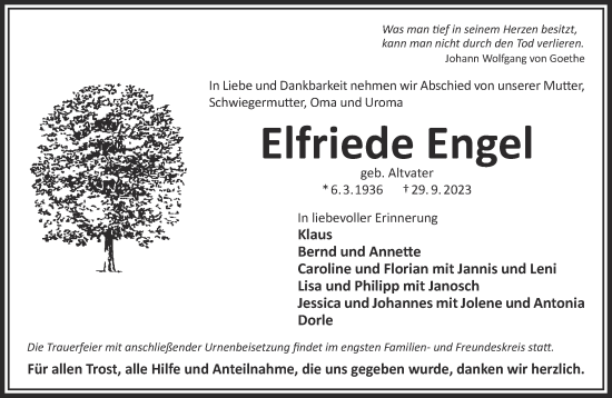 Traueranzeige von Elfriede Engel von Gelnhäuser Neue Zeitung