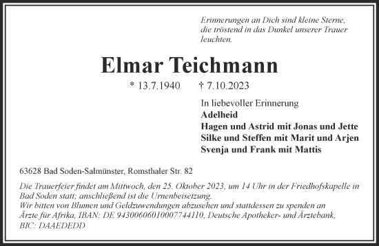 Traueranzeige von Elmar Teichmann von Mittelhessen-Bote