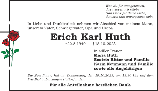 Traueranzeige von Erich Karl Huth von Mittelhessen-Bote