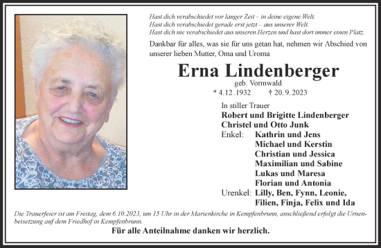 Traueranzeige von Erna Lindenberger von Gelnhäuser Neue Zeitung