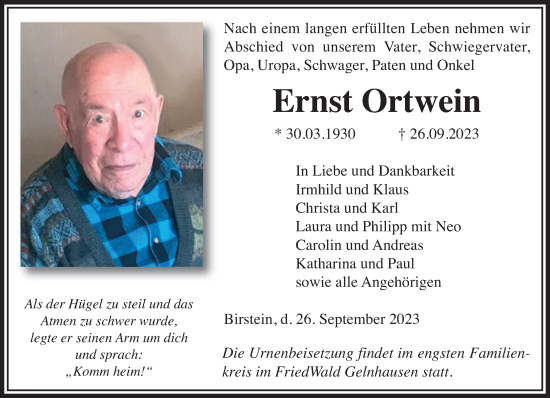 Traueranzeige von Ernst Ortwein von Gelnhäuser Neue Zeitung