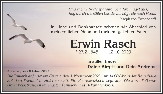 Traueranzeige von Erwin Rasch von Gelnhäuser Neue Zeitung