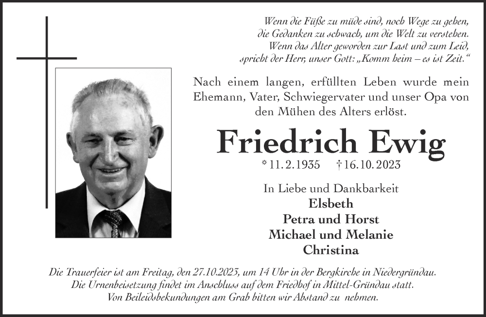  Traueranzeige für Friedrich Ewig vom 21.10.2023 aus Gelnhäuser Neue Zeitung