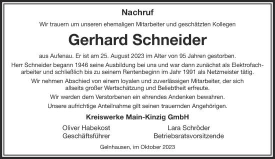 Traueranzeige von Gerhard Schneider von Gelnhäuser Neue Zeitung