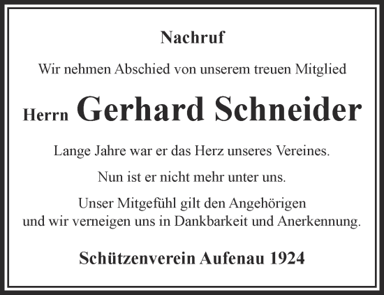 Traueranzeige von Gerhard Schneider von Gelnhäuser Neue Zeitung
