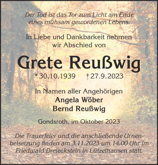 Traueranzeige von Grete Reußwig von Gelnhäuser Neue Zeitung