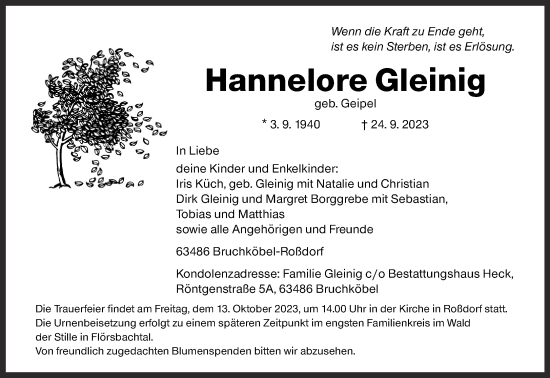Traueranzeige von Hannelore Gleinig von Mittelhessen-Bote