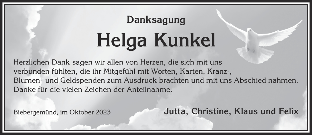  Traueranzeige für Helga Kunkel vom 07.10.2023 aus Gelnhäuser Neue Zeitung