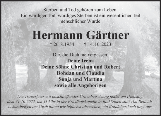 Traueranzeige von Hermann Gärtner von Gelnhäuser Neue Zeitung