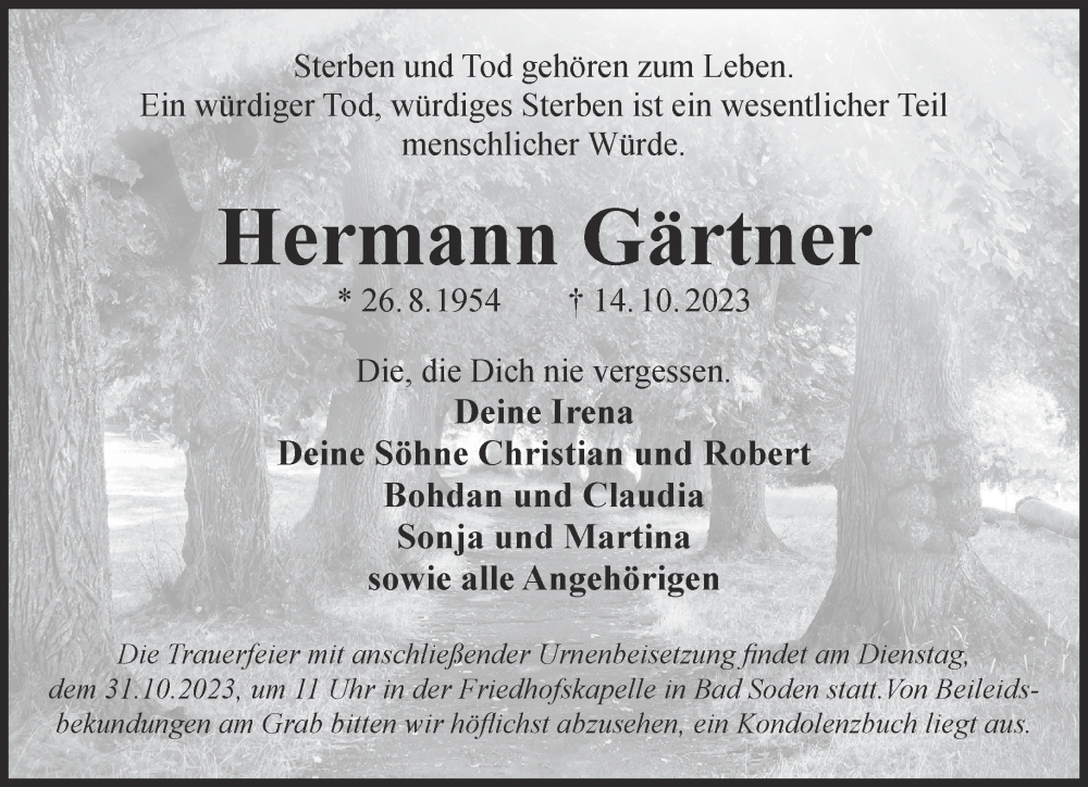  Traueranzeige für Hermann Gärtner vom 21.10.2023 aus Gelnhäuser Neue Zeitung