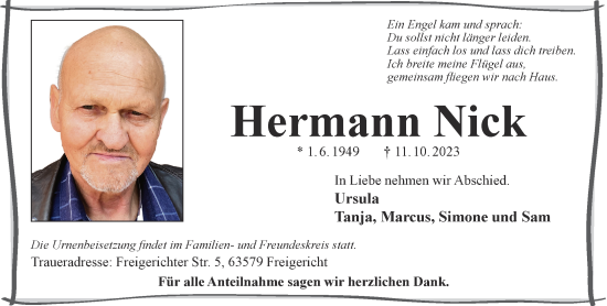 Traueranzeige von Hermann Nick von Gelnhäuser Neue Zeitung