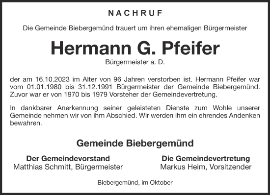 Traueranzeige von Hermann G. Pfeifer von Gelnhäuser Neue Zeitung