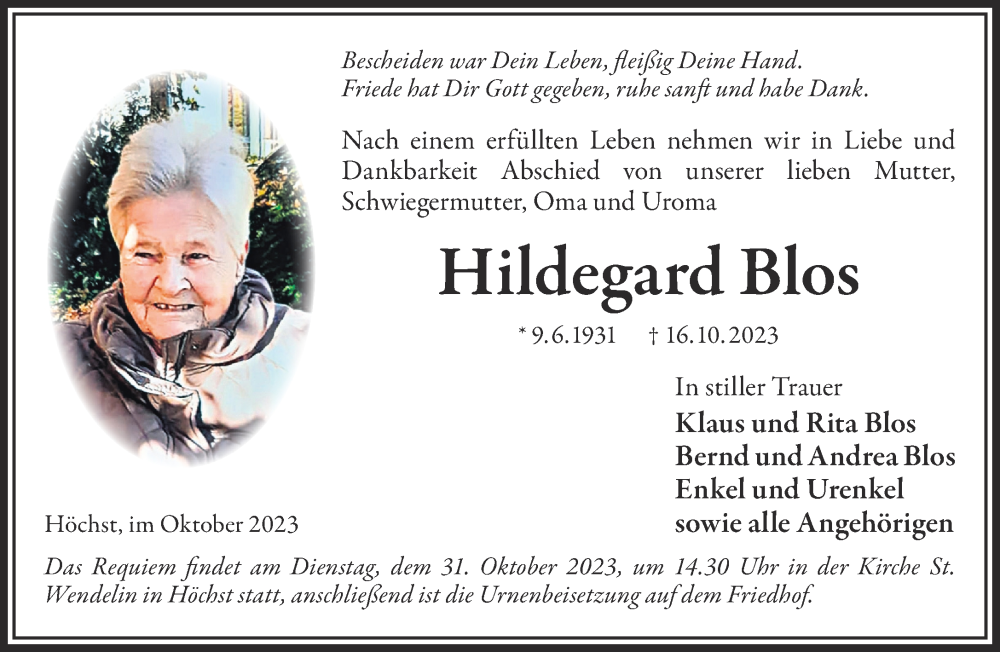  Traueranzeige für Hildegard Blos vom 28.10.2023 aus Gelnhäuser Neue Zeitung