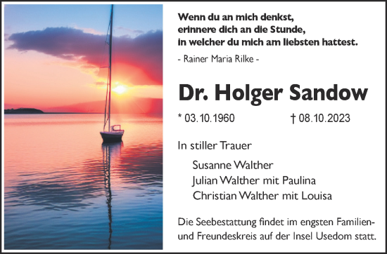 Traueranzeige von Holger Sandow von Gelnhäuser Neue Zeitung