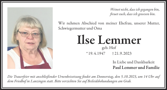Traueranzeige von Ilse Lemmer von Gelnhäuser Neue Zeitung
