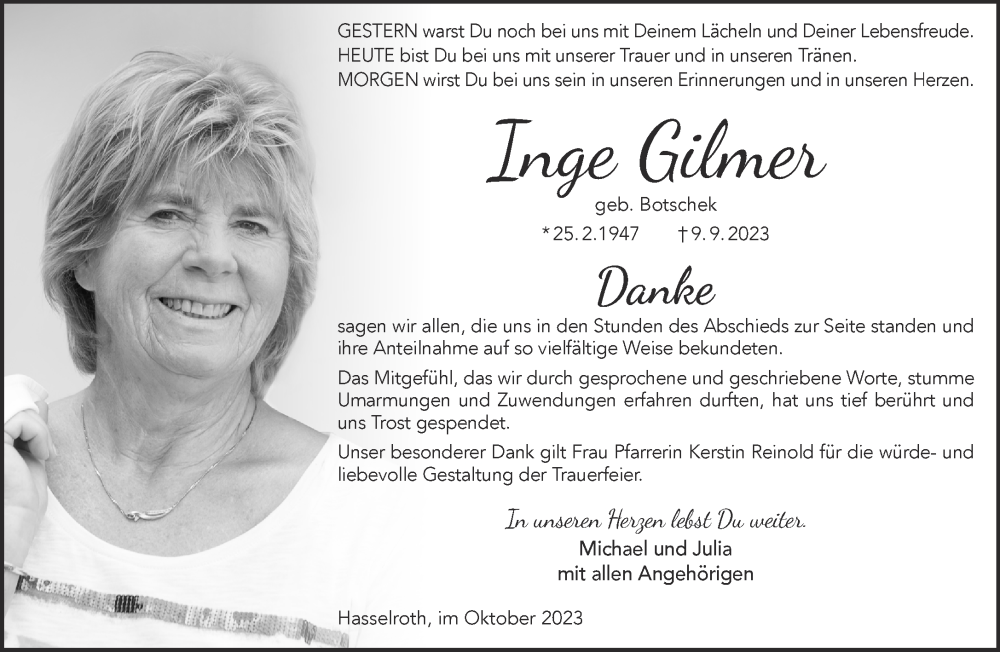  Traueranzeige für Inge Gilmer vom 07.10.2023 aus Gelnhäuser Neue Zeitung