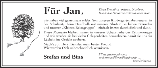 Traueranzeige von Jan Kienzler von Gelnhäuser Neue Zeitung