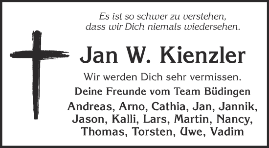 Traueranzeige von Jan W. Kienzler von Mittelhessen-Bote