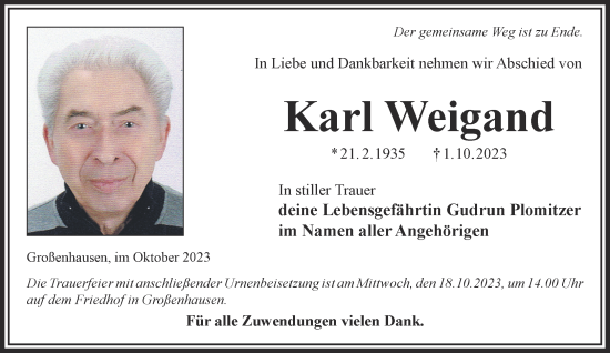 Traueranzeige von Karl Weigand von Gelnhäuser Neue Zeitung