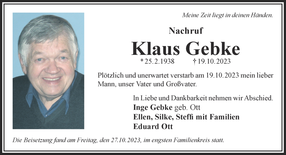  Traueranzeige für Klaus Gebke vom 28.10.2023 aus Gelnhäuser Neue Zeitung