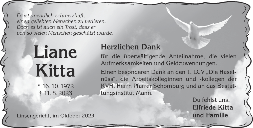  Traueranzeige für Liane Kitta vom 14.10.2023 aus Gelnhäuser Neue Zeitung