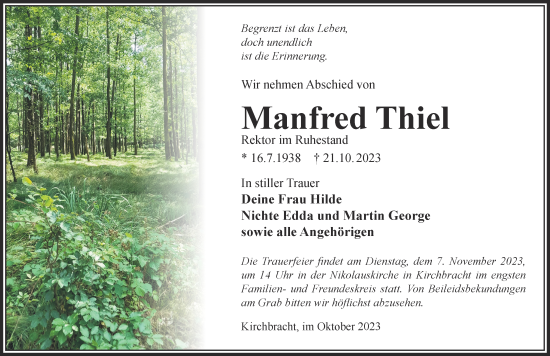 Traueranzeige von Manfred Thiel von Gelnhäuser Neue Zeitung