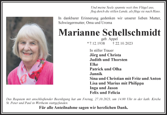 Traueranzeige von Marianne Schellschmidt von Mittelhessen-Bote