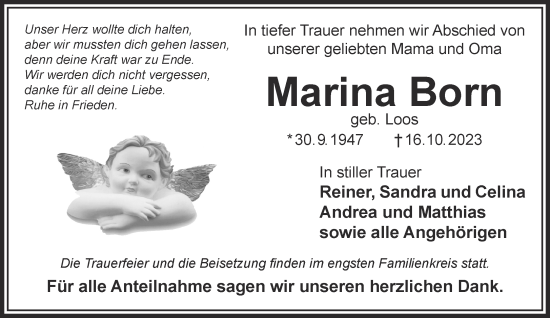 Traueranzeige von Marina Born von Gelnhäuser Neue Zeitung