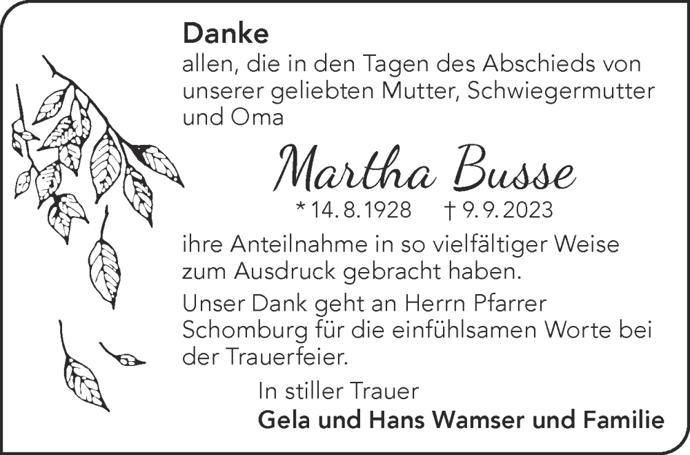  Traueranzeige für Martha Busse vom 28.10.2023 aus Mittelhessen-Bote