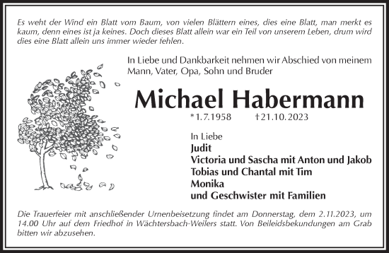 Traueranzeige von Michael Habermann von Gelnhäuser Neue Zeitung