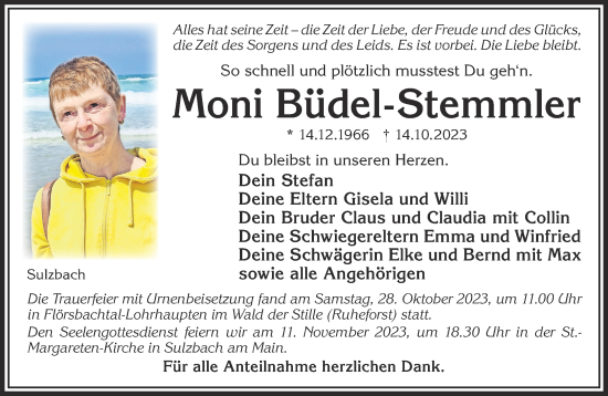 Traueranzeige von Moni Büdel-Stemmler von Mittelhessen-Bote
