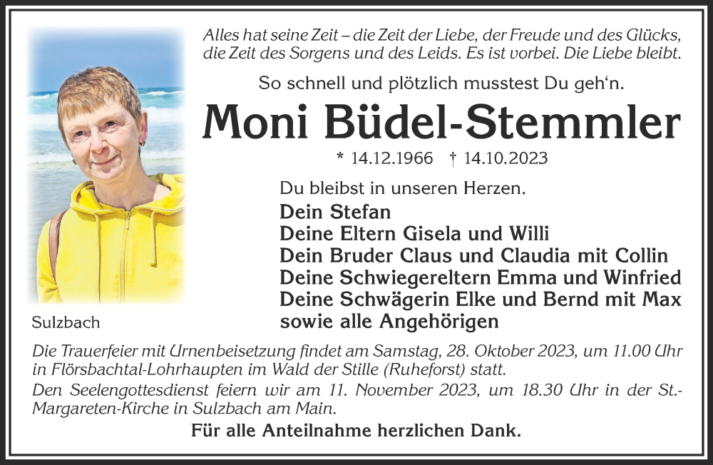  Traueranzeige für Moni Büdel-Stemmler vom 21.10.2023 aus Gelnhäuser Neue Zeitung