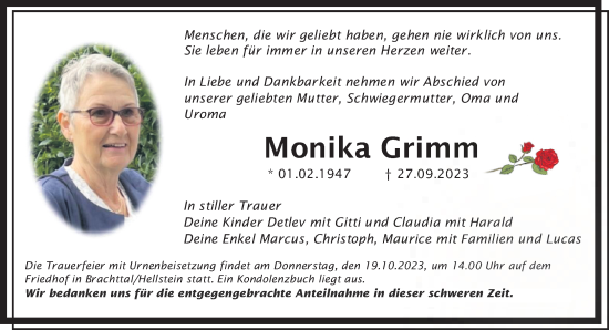Traueranzeige von Monika Grimm von Gelnhäuser Neue Zeitung