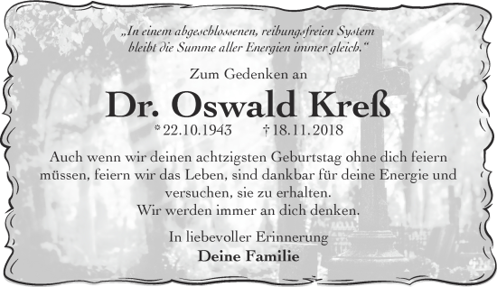 Traueranzeige von Oswald Kreß von Gelnhäuser Neue Zeitung