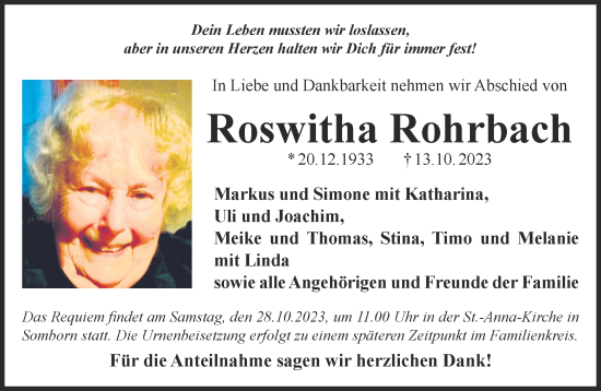 Traueranzeige von Roswitha Rohrbach von Gelnhäuser Neue Zeitung
