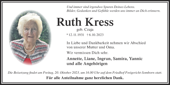 Traueranzeige von Ruth Kress von Gelnhäuser Neue Zeitung