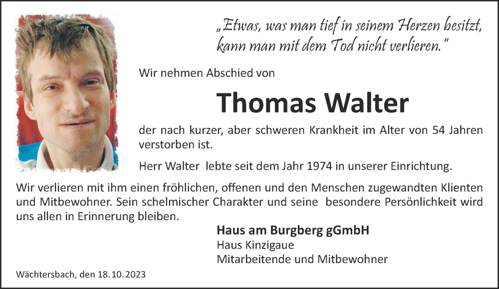  Traueranzeige für Thomas Walter vom 28.10.2023 aus Mittelhessen-Bote