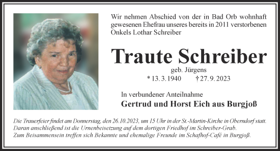 Traueranzeige von Traute Schreiber von Gelnhäuser Neue Zeitung