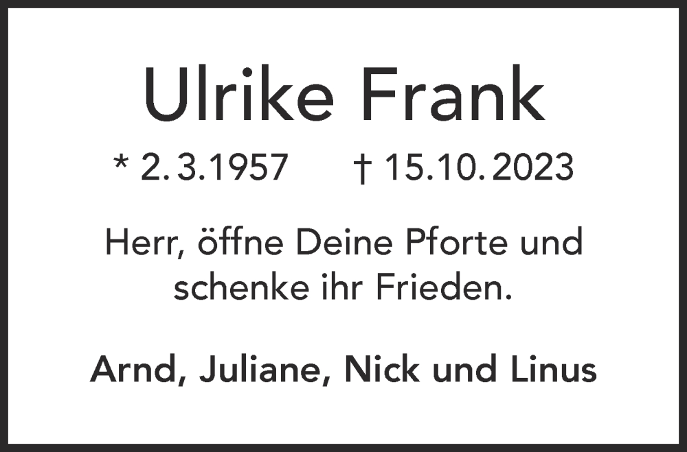  Traueranzeige für Ulrike Frank vom 21.10.2023 aus Gelnhäuser Neue Zeitung