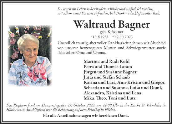 Traueranzeige von Waltraud Bagner von Mittelhessen-Bote
