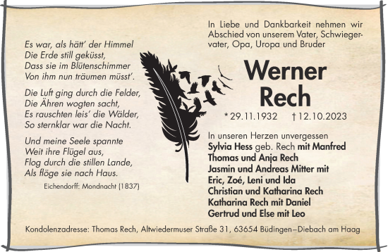 Traueranzeige von Werner Rech von Gelnhäuser Neue Zeitung