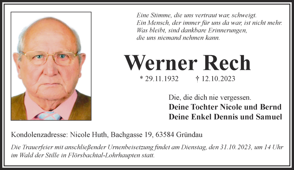  Traueranzeige für Werner Rech vom 21.10.2023 aus Gelnhäuser Neue Zeitung